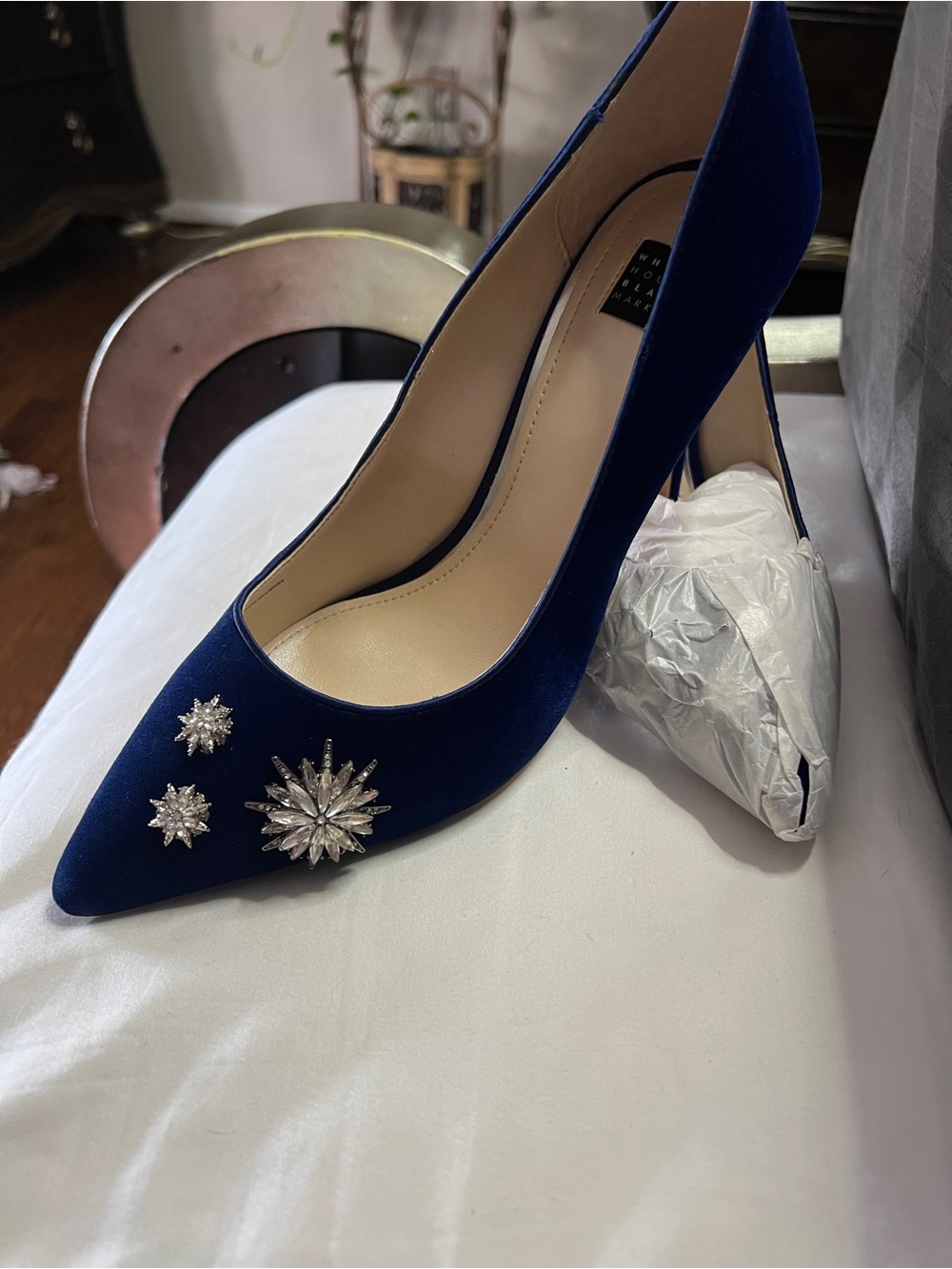Women's Navy Velvet Pointed Toe Heels with Crystal Accents